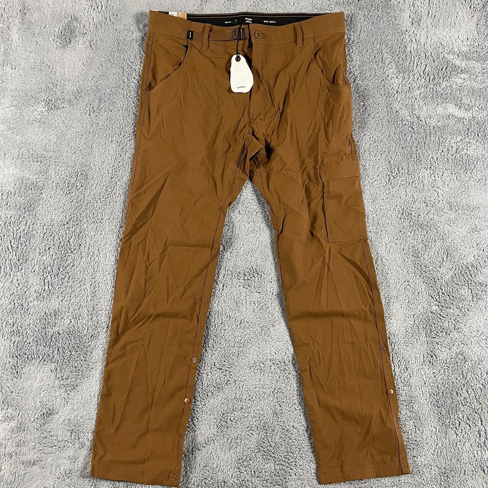 Prana Stretch Zion Pants Mens 36x32 Brown Slim Fit Tapered Leg Cargo Pocket